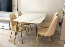 Bộ bàn ăn mặt đá trắng 1m4 4 ghế nệm chân màu vàng bóng gold cao cấp TN1228-16E LUX 14B-P tại HCM