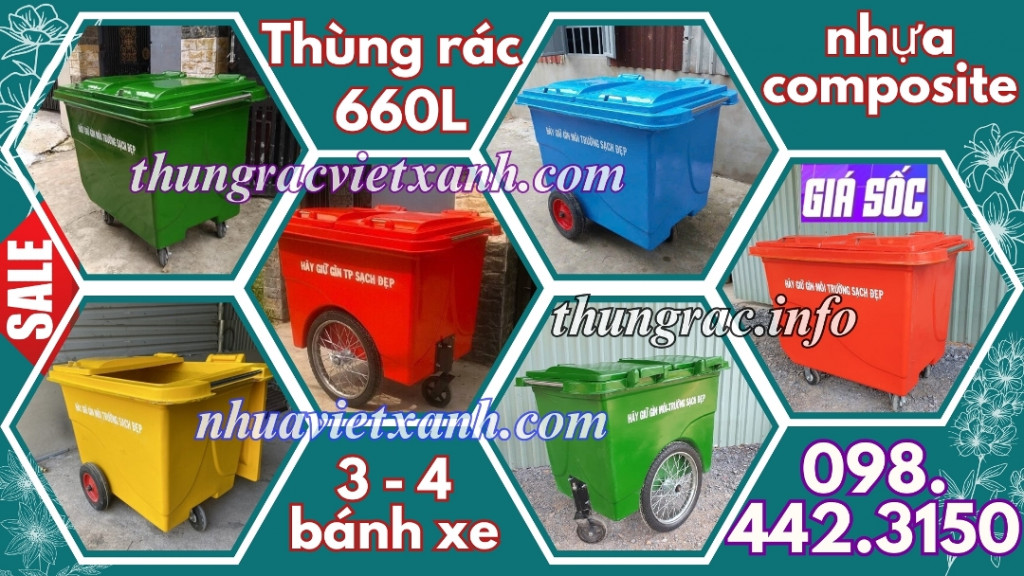 Xe thu gom rác 660 lít nhựa composite 4 bánh xe và 3 bánh xe