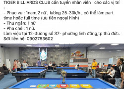 TIGER BILLIARDS tuyển phục vụ nam nữ, thu ngân & pha chế