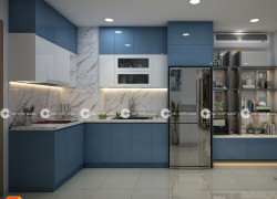 Tủ Bếp Gỗ Công Nghiệp MDF Màu Xanh Phối Trắng
