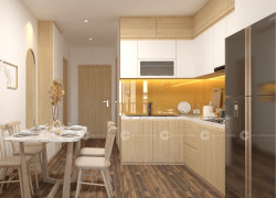 Tủ Bếp MDF Lõi Xanh Phủ Melamine Chữ L Vàng Phối Trắng