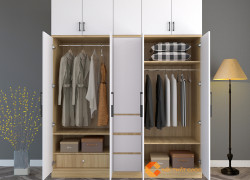 Tủ Quần Áo Gỗ Công Nghiệp MDF 4 Cánh Kết Hợp Kệ Trang Trí