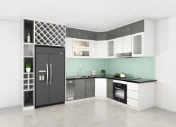 Tủ Bếp Acrylic Chữ L Vát Chéo Trắng Xám