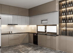 Tủ bếp Acrylic Màu Xám Kết Hợp Tủ Rượu Hiện Đại
