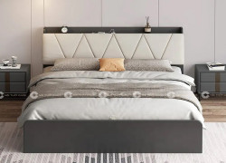 Giường Ngủ MDF Melamine Màu Xám Chì Kết Hợp Đầu Nệm Và Vai Học Kéo Cao Cấp