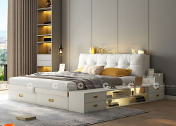 Giường Ngủ Gỗ Công Nghiệp Màu Trắng Tích Hợp Kệ Sách