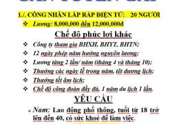 Cần tuyển gấp Công nhân lắp ráp điện tử 20 người làm tại Tân Phú