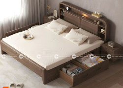 Giường Ngủ Gỗ Sồi Tự Nhiên Kết Hợp Hộc Kéo, Kệ Trang Trí