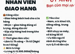 TUYỂN NHÂN VIÊN GIAO HÀNG – LƯƠNG 8,5 TRIỆU/THÁNG
