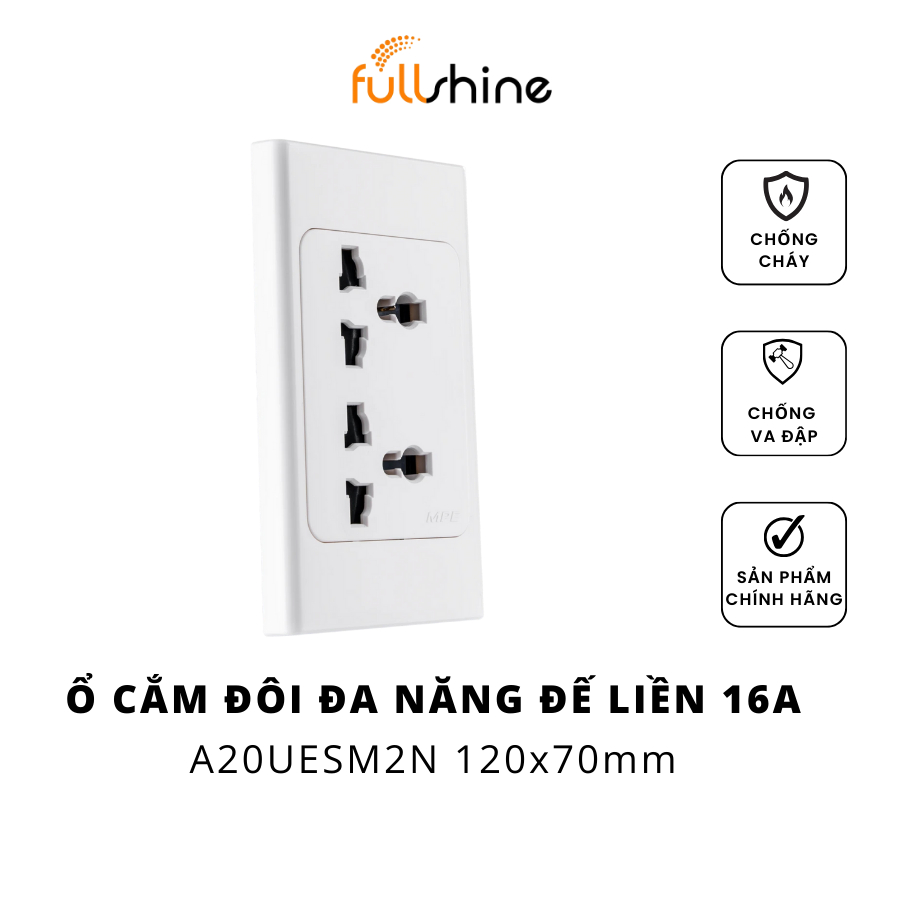 Ổ điện cắm đôi đa năng đế liền MPE 16A A20UESM2N kích thước 120x70mm