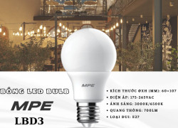 BÓNG ĐÈN LED BULB 7W MPE LBD3 ánh sáng 3000K/6500K