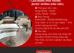 Tuyển Thợ mộc (có tay nghề), Thợ phụ mộc và LĐPT
