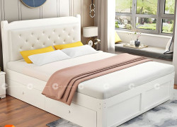 Giường Ngủ Gỗ Tự Nhiên Bọc Đầu Nệm Sơn Trắng Hiện Đại