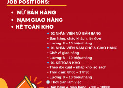 TUYỂN DỤNG NHÂN VIÊN LÀM VIỆC LÂU DÀI NỮ BÁN HÀNG, NAM GIAO HÀNG, KẾ TOÁN KHO