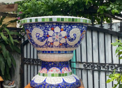 Chậu khảm miểng - đắp cẩn chén dĩa , tphcm