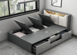Giường Ngủ Gỗ MDF Melamine Màu Xám Chì Có Kệ Đầu Giường