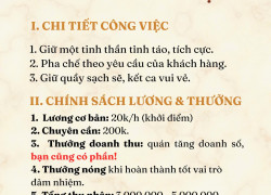 Tuyển NV Partime hoặc Fulltime bán quầy nước mang đi tại Dak Lak