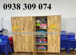 Tủ chăn gối mầm non bằng gỗ, tủ đựng chăn gối trẻ em MN
