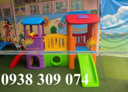 Bộ cầu trượt 2 khối nhà, nhà khối cầu trượt nhựa trẻ em
