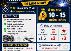[KO CẦN KN, CÓ THƯỞNG]TUYỂN NV CƠ KHÍ ĐỨC HÒA