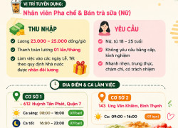 TUYỂN NV NỮ PHA CHẾ & BÁN TRÀ SỮA Q7, BÌNH THẠNH