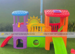 Cầu trượt 2 mái nhà trẻ em mầm non, nhà khối cầu trượt trẻ em