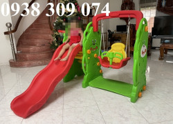 Cầu trượt đơn con gấu mầm non, cầu trượt xích đu con gấu mầm non