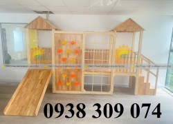 Cầu trượt gỗ liên hoàn trẻ em , thang leo cầu trượt gỗ mầm non