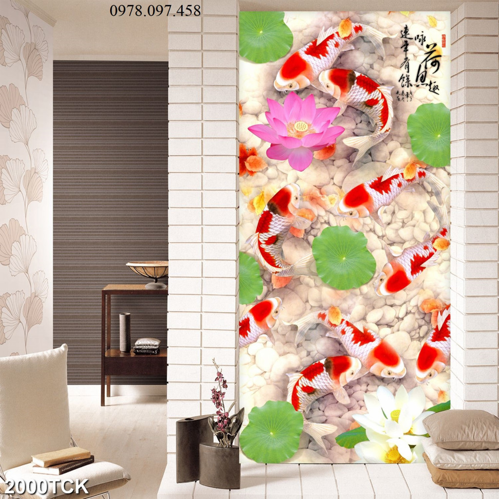 Gạch tranh dán tường - Tranh cá và hoa hiện đại